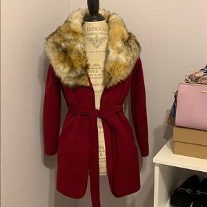 Red faux fur coat